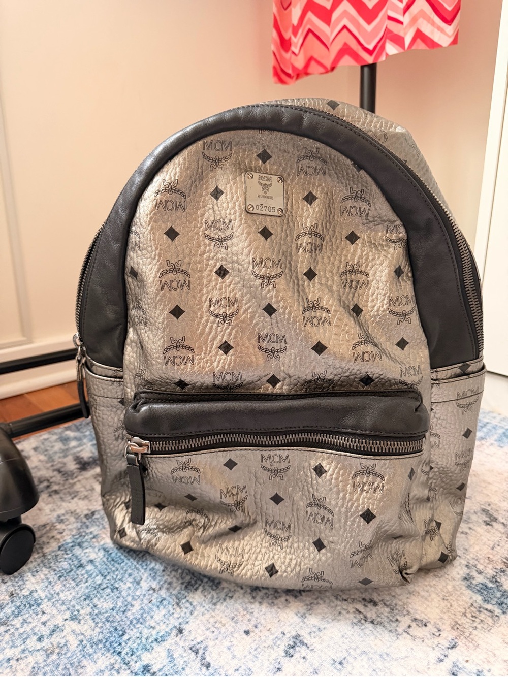 MCM Silver Monogram Backpack with Black Trim